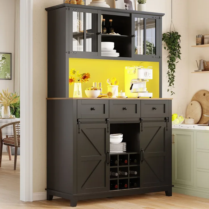 Küchenschrank(105×38.4×180cm), Hochschrank Küchenbuffet, Vitrinenschrank, Buffetschrank mit Verstellbaren Ablagen, Sideboard mit LED-Beleuchtung,Variable Lichtfarben, schwarz--Schwarz--105x38.4x180cm--YOUDENOVA