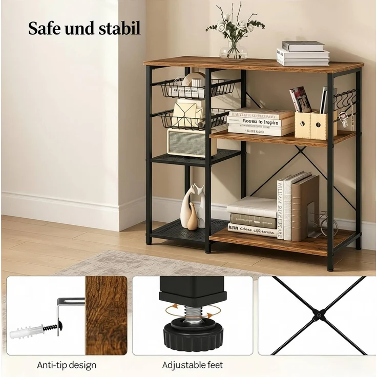 DESVIAE Regal mit Arbeitsplatte und Drahtkörben 90x82x40 cm Metall und Spanplatte Schwarz-Braun – Bild 5