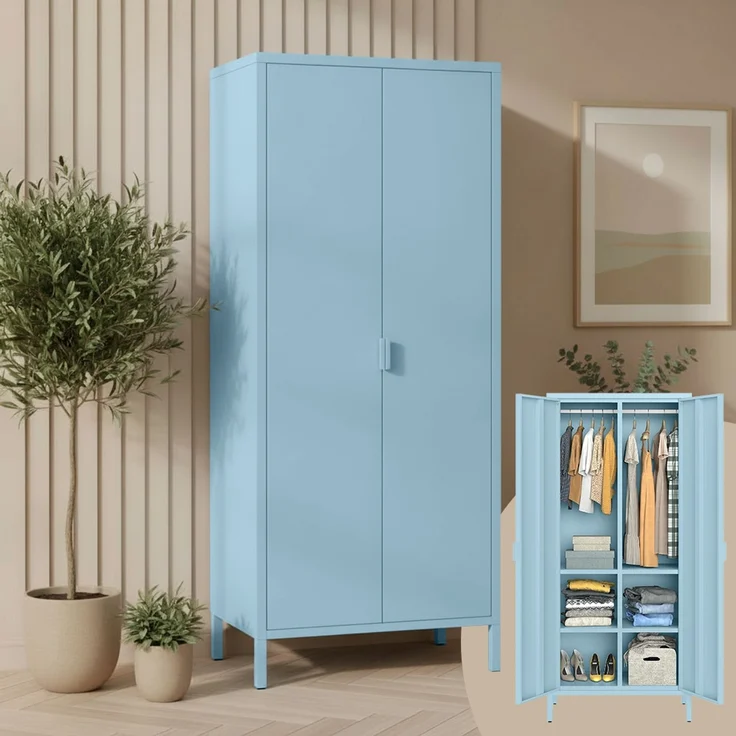 skølm 'Ituri' Kleiderschrank, Metall, 170x45x80 cm, blau, Garderobe mit 4 Fächern und 2 Kleiderstangen – Bild 1