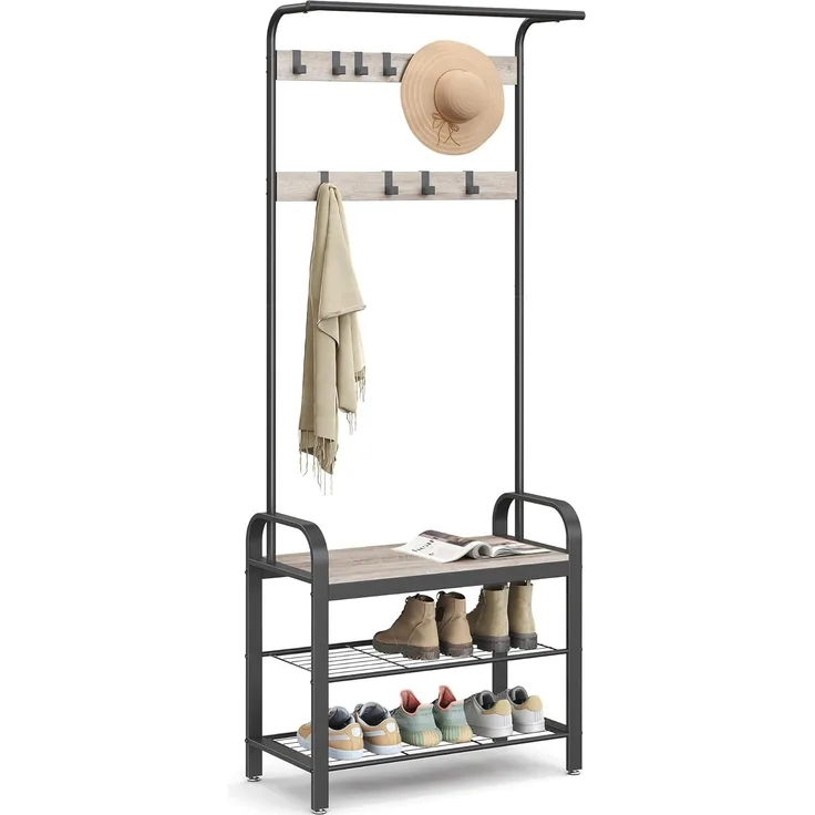 Vasagle Garderobenständer, Garderobe, Schuhregal mit Sitzfläche, Kleiderständer mit 9 abnehmbaren Haken, Sitzbank, 2 Gitterablagen, 183 cm hoch, Indus [HSR40 MB]