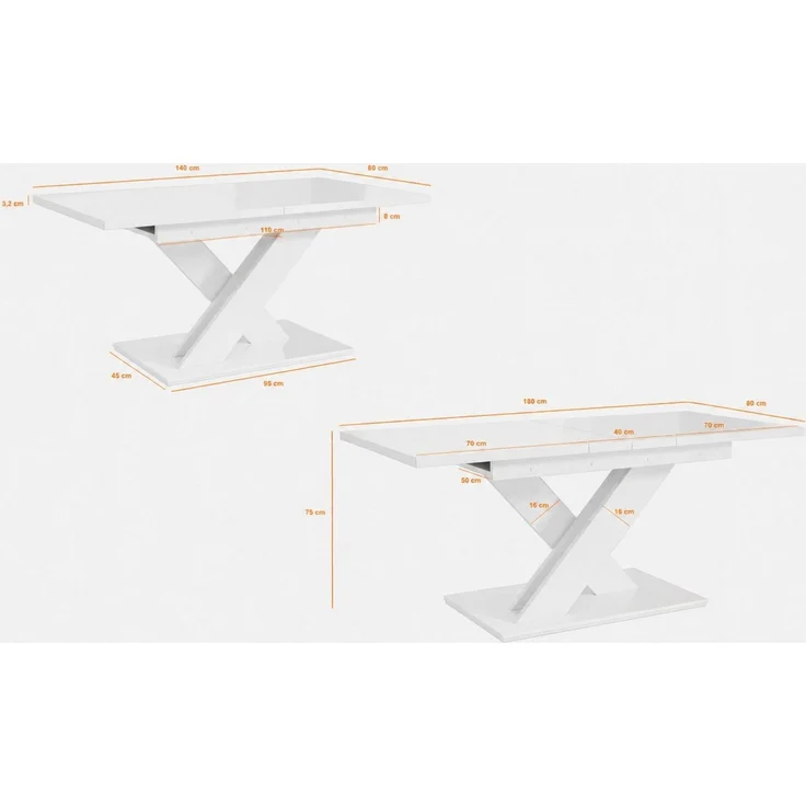 Home Collective Esstisch ausziehbar Tisch Küchentisch Esszimmertisch Ausziehtisch (Esszimmer Küche Wohnzimmer Esstisch erweiterbar), modernes Design mit X-Gestell, 140-180x80 cm Weiß glänzend – Bild 3