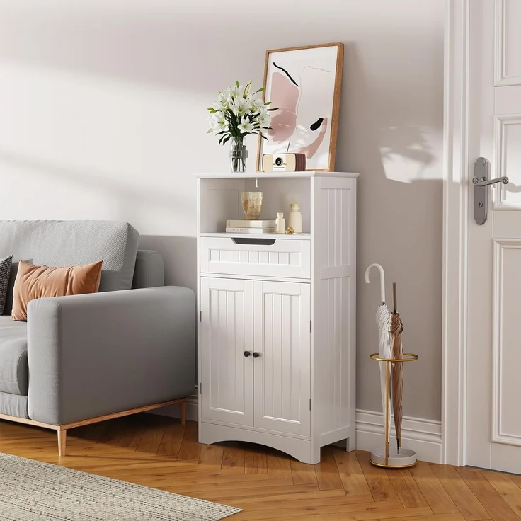 Bealife Badezimmerschrank, Badezimmer-Aufbewahrungsschränke mit großer Schublade, 2 Türen mit verstellbaren Regalen für Badezimmer, Wohnzimmer, Schlafzimmer, 108 x 60 x 30 cm, Weiß – Bild 4