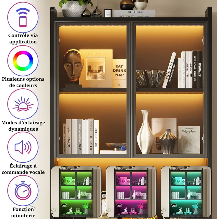 80x35x200cm LED Vitrine, Hochschrank mit Glasschranktüren, Hochschrank Glasvitrine mit LED und Offene Partition,Wohnzimmerschrank mit Glastüren, Küche, Arbeitszimmer, Eingangsbereich,Schwarz--Schwarz--80x35x200cm--YOUDENOVA – Bild 8