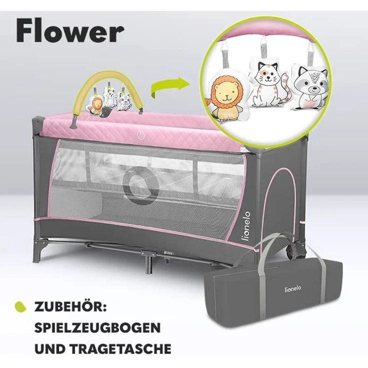 Lionelo Flower 4in1 Reisebett Baby mit Seiteneingang, Wickeltisch, Zwei Matratzenaufhängungshöhen, Spielzeugbogen mit Spielfiguren, Rollen, Tragetasche – Bild 9