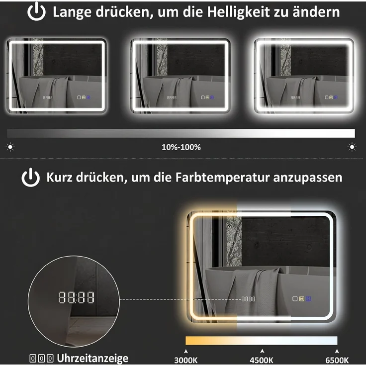HOMCOM Badezimmerspiegel, Gehärtetes Glas, Silber, 80 x 60 x 2,9 cm – Bild 6