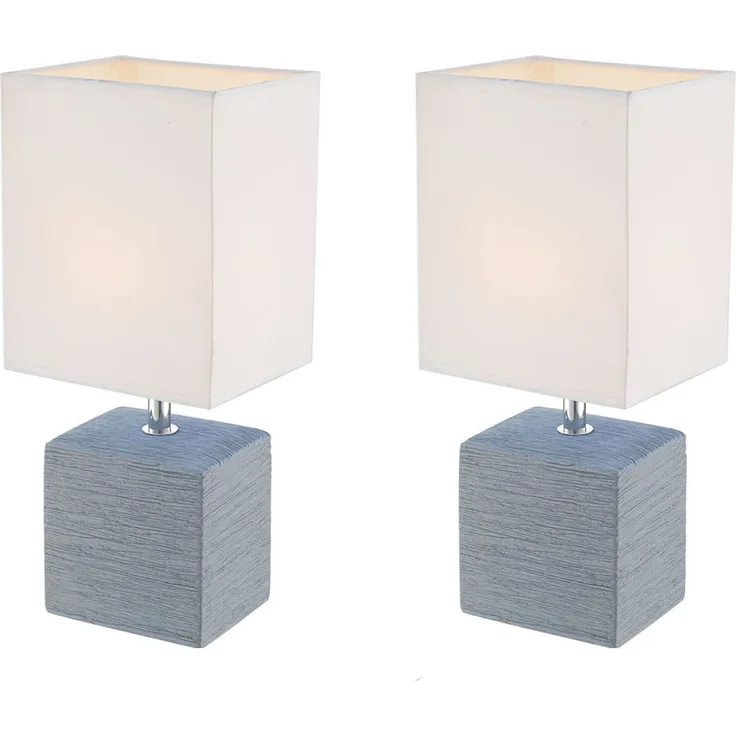 2er Set Tischleuchten GERI Fuß Keramik Grau mit Stoffschirm Weiß, Höhe 29cm