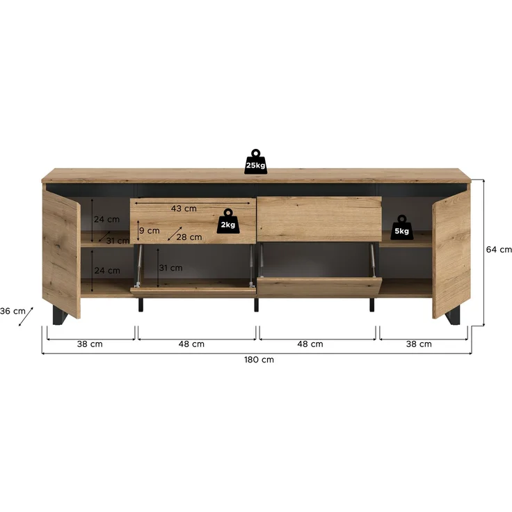 Lowboard B/H/T: 188x65x36 cm in Evoke Oak Nachbildung und schwarz – Bild 4