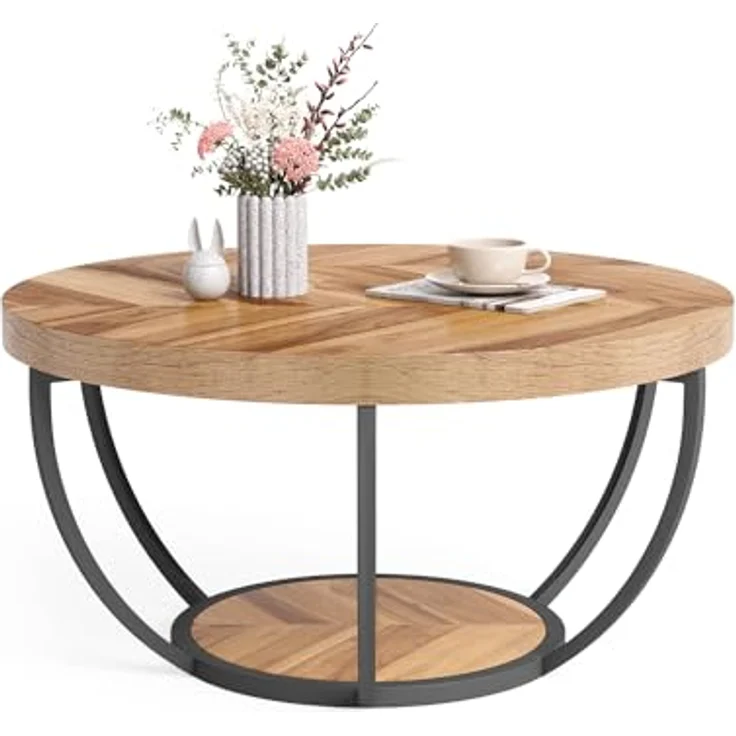 LITTLE TREE Runder Couchtisch, 81,3 cm, runder Couchtisch für Wohnzimmer, 2-stöckiger Holzakzent-Mitteltisch mit offenem Stauraum, Industrie-Design, Wohnmöbel (Holzmaserung und Schwarz) – Bild 2
