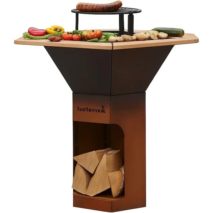Barbecook BBQ Grill Nestor Original mit erhöhtem Grillrost und Beistelltischen und plancha, Feuerschale mit Feuerplatte aus Cortenstahl, 92 x 92 x 101 cm