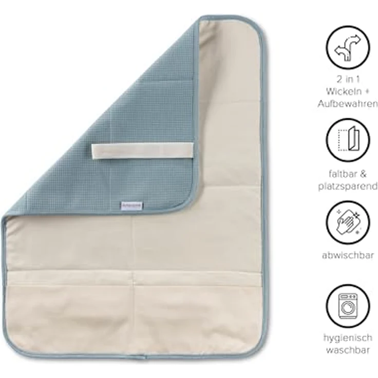 Hofbrucker® Windeltasche mit Wickelunterlage für unterwegs, faltbare Wickelclutch mit Organizer für Windeln & Feuchttücher, Abwischbar, Must Have für die Baby Erstausstattung (taubenblau) – Bild 4