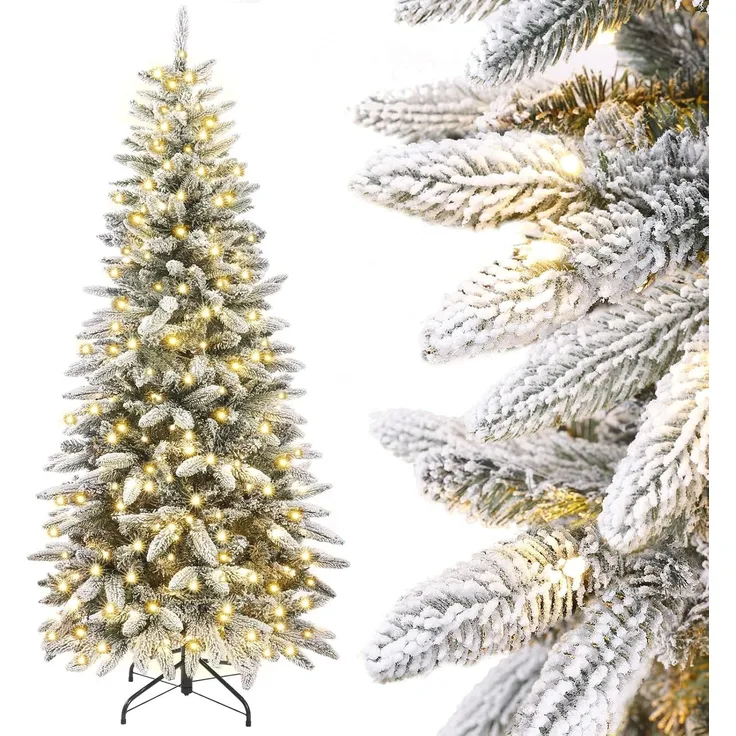 Yorbay Künstlicher Weihnachtsbaum Künstlicher Slim Tannenbaum aus PE und PVC, mit LED Beleuchtung, 180 / 210 cm auswählbar, mit Ständer, Schneeflocken, Schlankes Design, Weihnachtsbaum Christbaum für Weihnachten-Dekoration