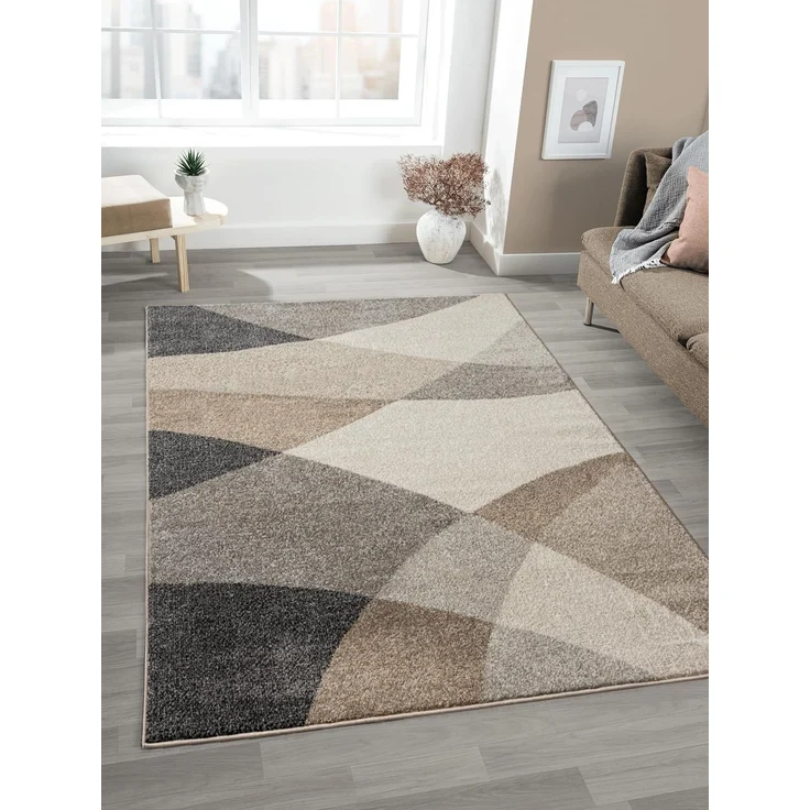 Mia's Teppiche "Mosaix - Moderner Dichter Kurzflor Teppich für Wohn- und Schlafzimmer, mit Konturenschnitt, Geometrischen Mustern, Kariert, in Beige, 140x200 cm