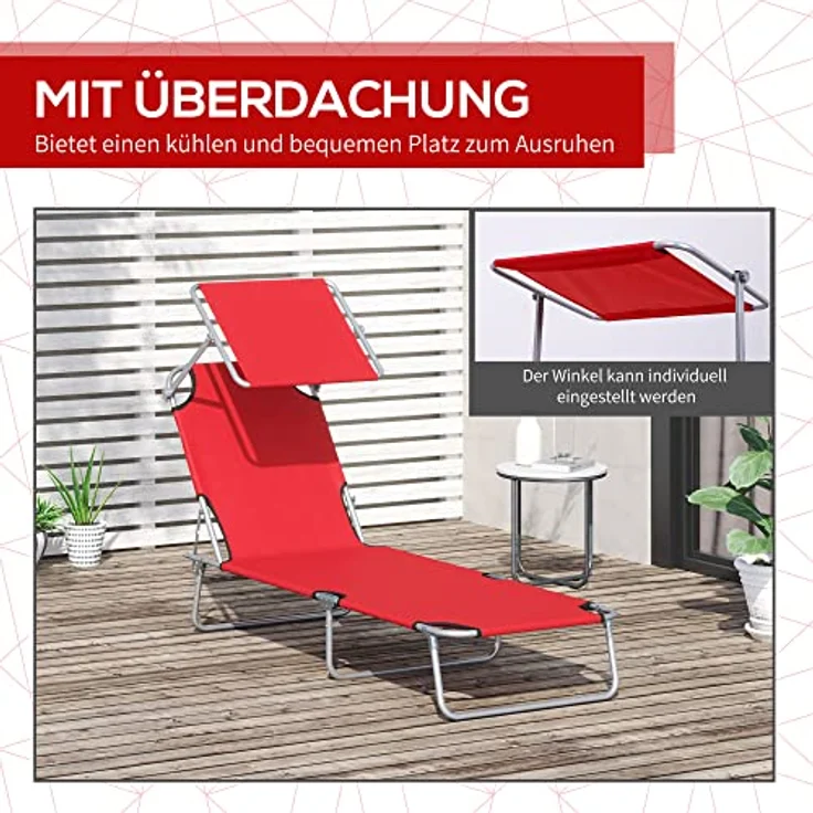 Outsunny Sonnenliege Gartenliege Wellnessliege Strandliege klappbar mit Sonnenschutz Rot 187 x 58 x 36 cm – Bild 7