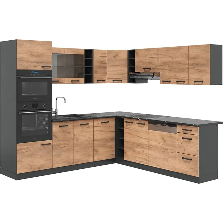 Eckküche R-Line Goldkraft Eiche/Anthrazit 247 x 46 cm ohne Arbeitsplatte Vicco