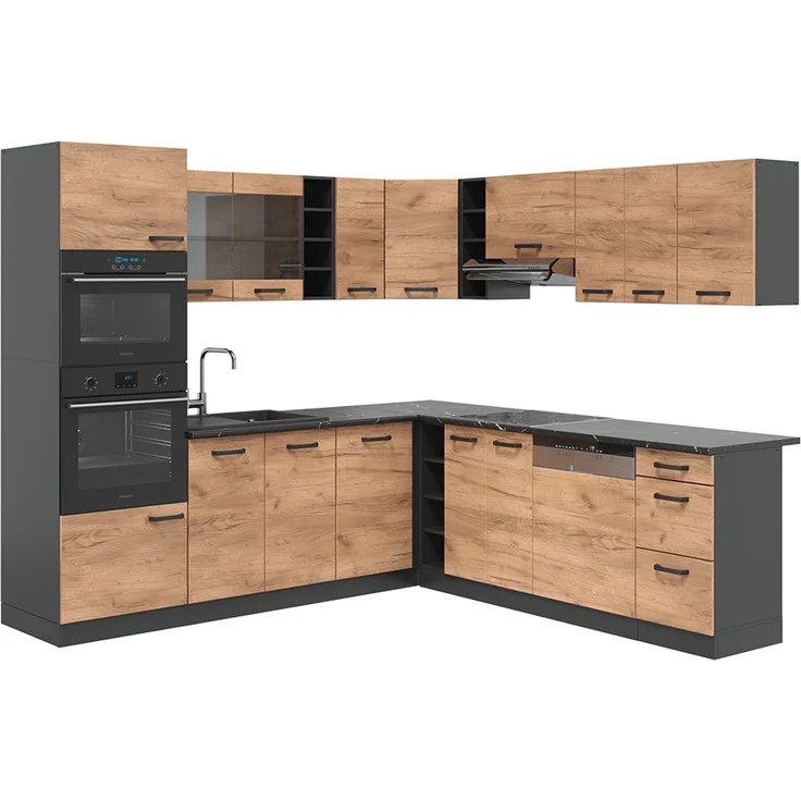 Eckküche R-Line Goldkraft Eiche/Anthrazit 247 x 46 cm ohne Arbeitsplatte Vicco – Bild 1