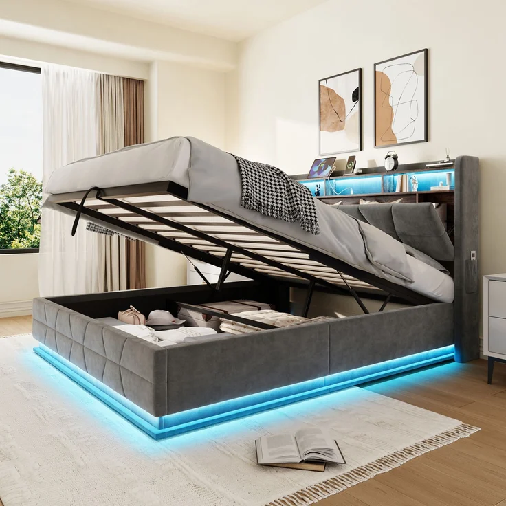Polsterbett 160×200 cm aus Velvet-Stoff mit LED-Beleuchtung und USB-Typ-C-Anschluss, dunkelgrau – Bild 2