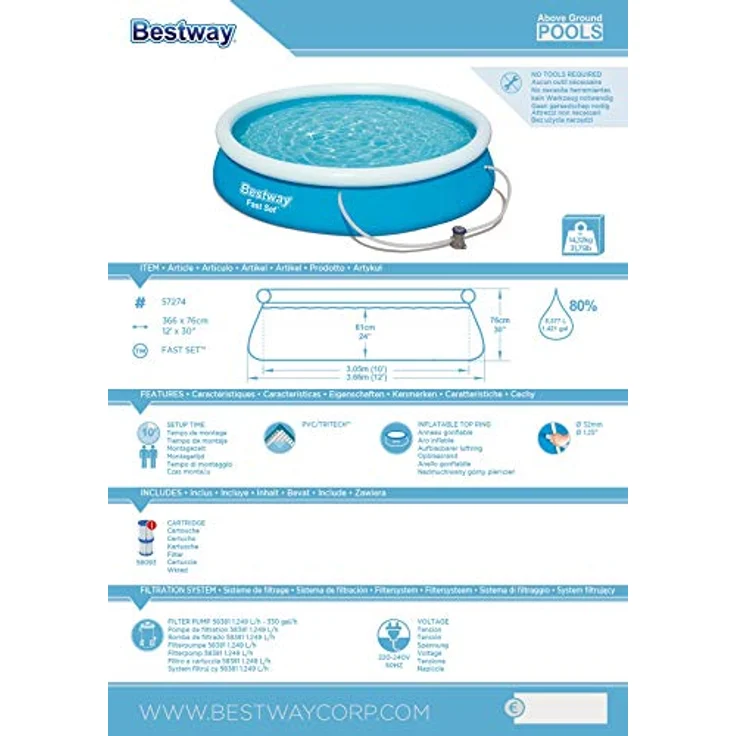 Bestway Fast Pool Set mit Filterpumpe 366x76 cm 57274 – Bild 13