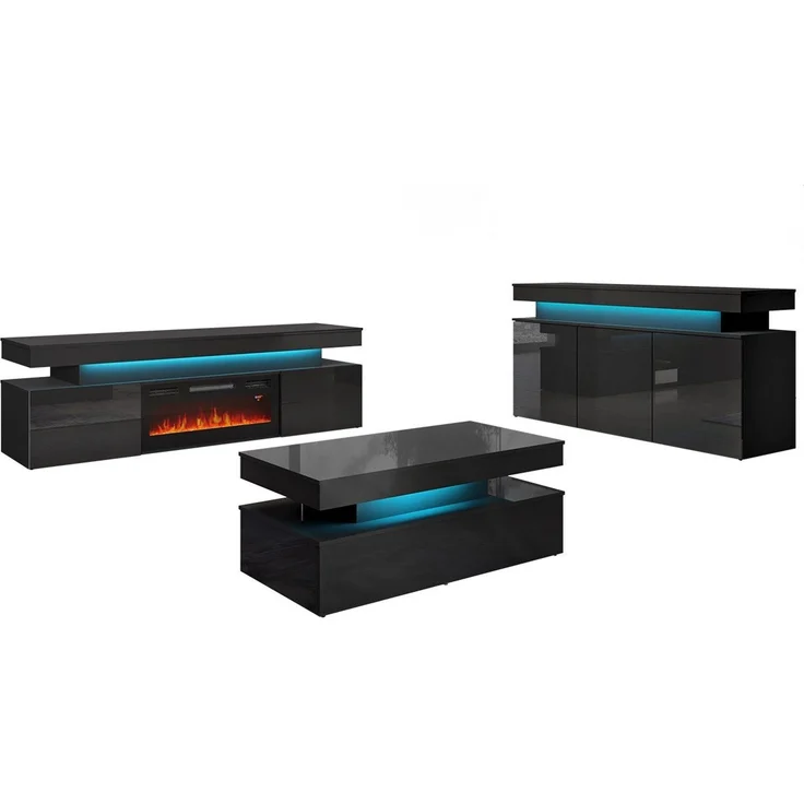 MIRJAN24 Wohnzimmer-Set Glossa II, (3er-Set, Kommode, TV-Lowboard mit Kamin, Couchtisch), mit blauer LED-Beleuchtung – Bild 3