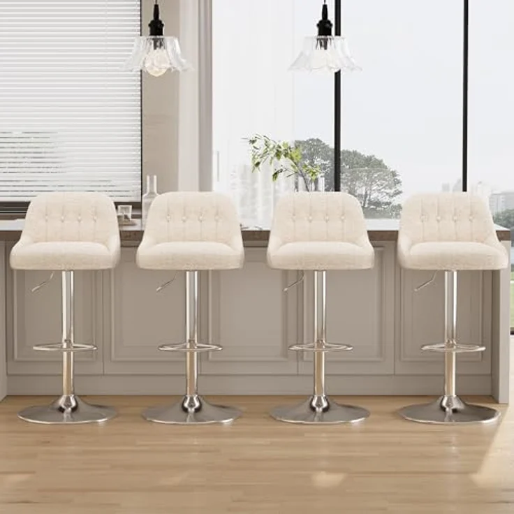 MALOL 360° Drehbarer Höhenverstellbarer Barhocker, Bar Hocker 4er Set mit Rückenlehne, Moderner Küchenhocker mit Metallfuß für Theke, Esszimmer, Barstuhl mit Kombination aus Leder und Bouclé, Beige – Bild 3