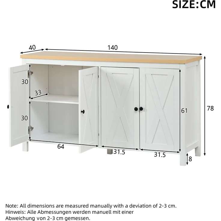 Merax 140cm Sideboard mit 4 Türen, mit Schwarzem, Rundem Griff,2 Partitionen, Multifunktionaler Aufbewahrungsschrank aus MDF-Material, Weiß – Bild 4