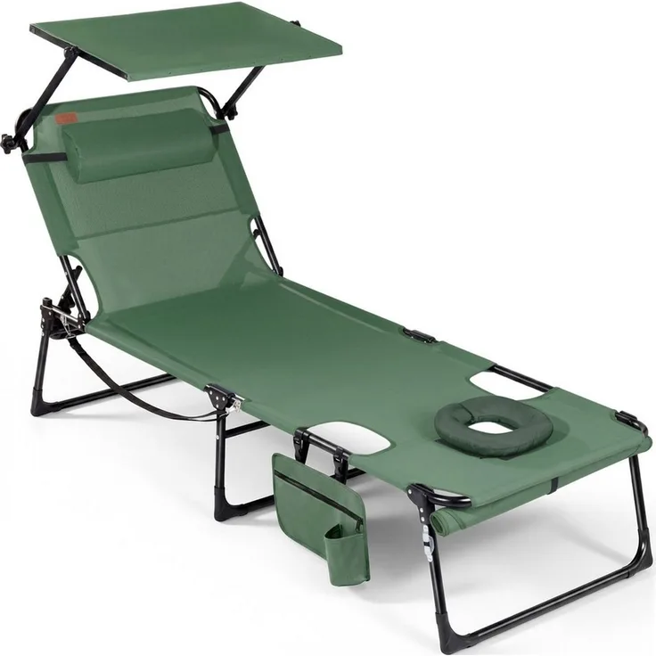 HOMECALL Gartenliege Sonnenliege mit Gesichtsöffnung und Sonnendach, klappbarer Liegestuhl, bis180 kg 200x70cm 4-Fach verstellbare Rückenlehne, 1 St, für Garten, Strand und Camping