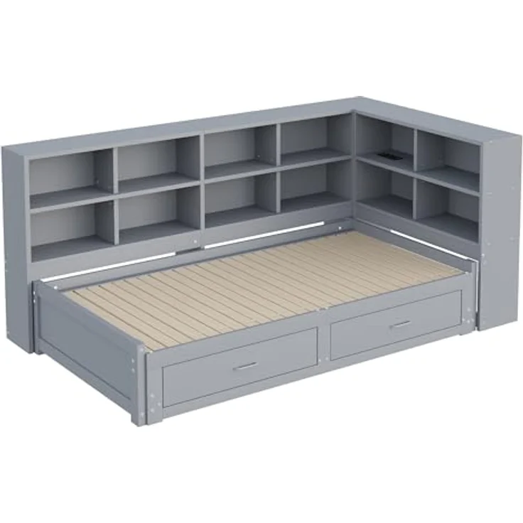Ball & Cast Stauraumbett (90/180x190 cm) mit Schublade, Schlafsofa mit Vielen Ablagefächern + Multifunktionale Euro-Steckdose, Einfach & Zeitsparend Montierbar, Grau – Bild 10