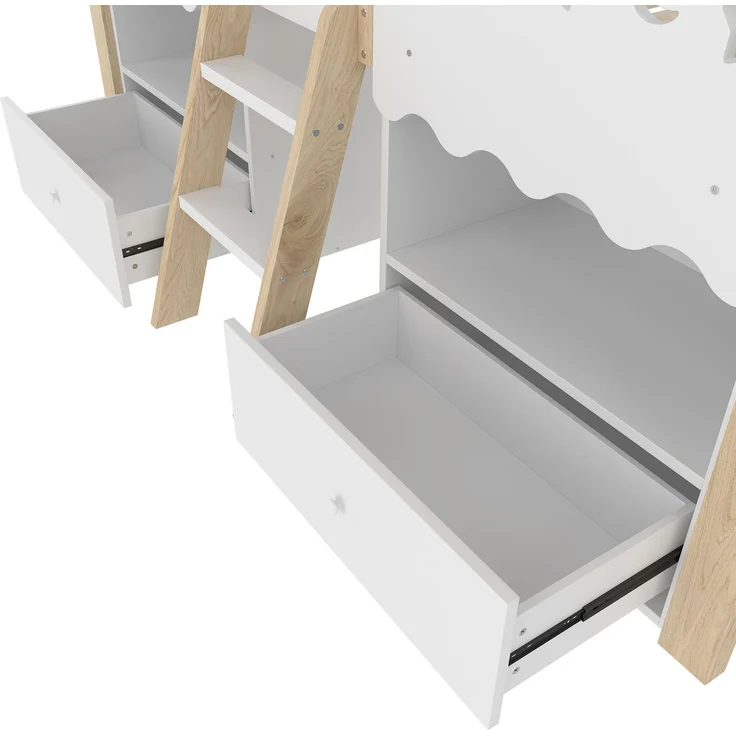 Kinderbett 90x200 cm Hausform Weiß + Natur, Hochbett für Kinderzimmer mit LED-Beleuchtung, 2 Schubladen, Stauraum, Leiter – Bild 10