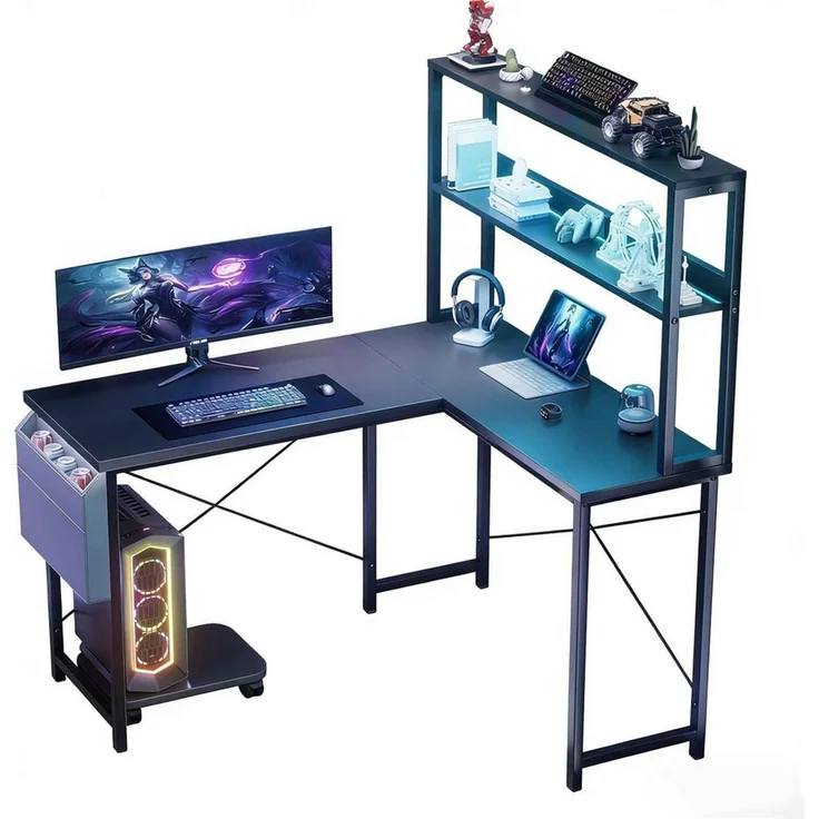 BBWL Computertisch mit LED-Beleuchtung 110 x 80 x 75 cm, Schreibtisch mit 2 Ablagen, PC-Halter, Stofftasche & 2 Montagemöglichkeiten – Bild 2