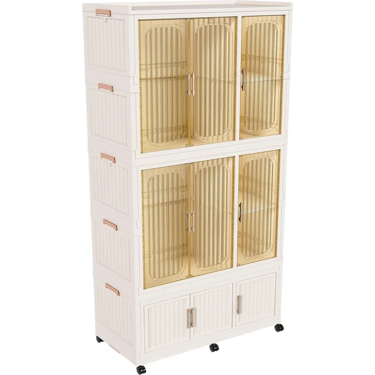 Kleiderschrank aus PP-Kunststoff mit 9 Magnettüren, 6 Rollen und 2 Kleiderstangen, 92x45x196 cm, Cremeweiß – Bild 5