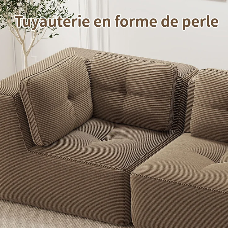 U-förmiges Sofa mit 1 Fußhocker mit Cordbezug und beweglicher Fußauflage, rahmenfreie Lounge-Couch mit breiten Armlehnen ohne Montage, Braun – Bild 14
