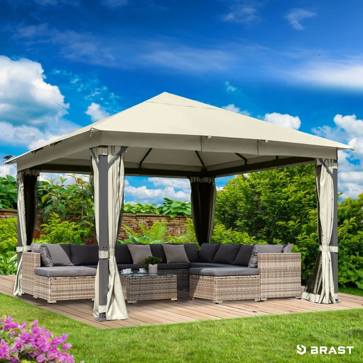 BRAST 'Infinity' Pavillon inkl. Moskitonetz und LED-Beleuchtung, wasserdicht, stabil, UV-Schutz, Aluminium, Beige, 4x4 m, mit Beleuchtung – Bild 1