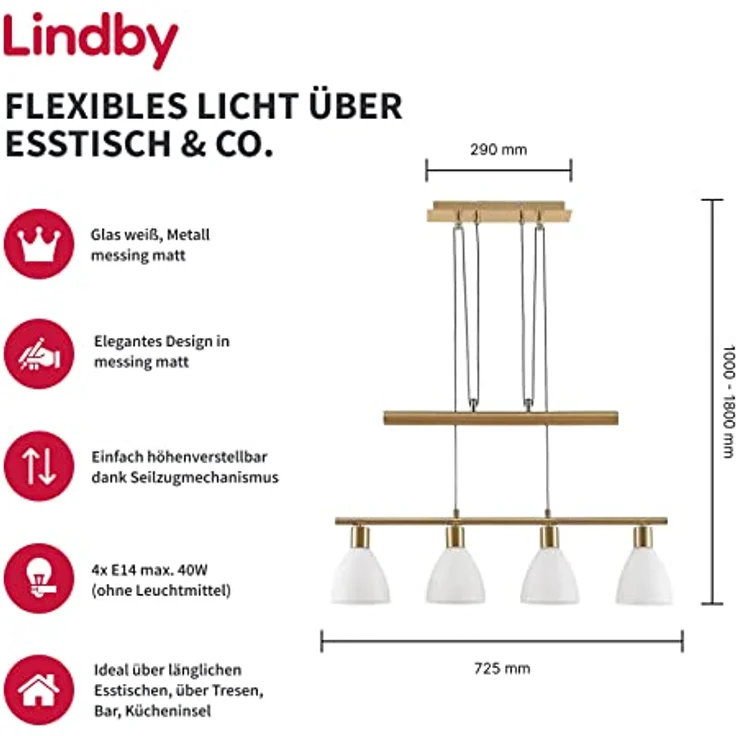 Lindby Hängelampe Simeon, vierflammige Balkenpendelleuchte, höhenverstellbar, messingfarben mit Glasschirmen, 73 cm, E14 – Bild 2