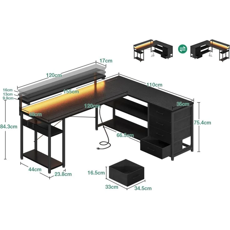 ODK Eckschreibtisch LED 2 Steckdosen 2 USB Ladeanschluss 155x110cm Schwarz – Bild 3