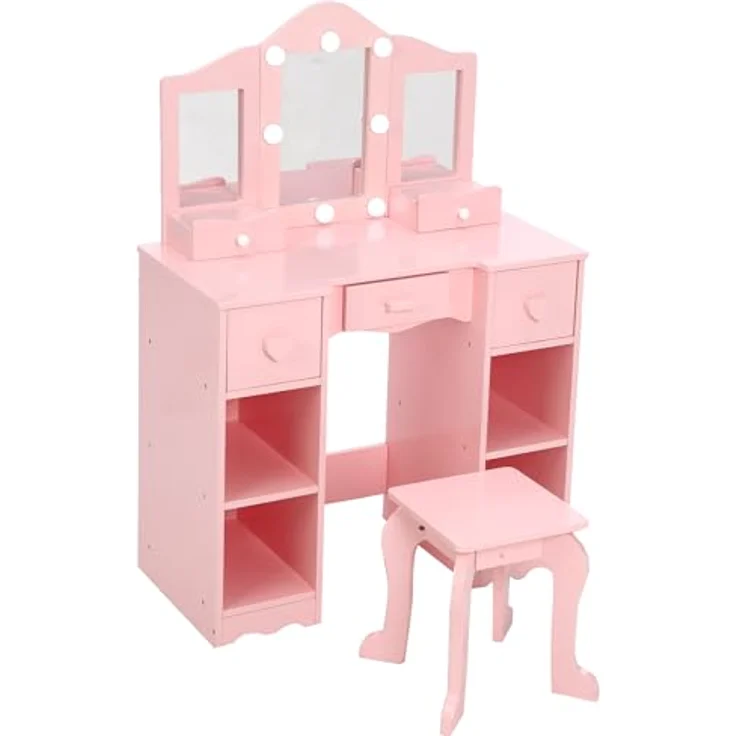 GarveeLife Schminktisch für Kinder, Schminktisch mit Hocker, 3 LED-Spiegel und 5 Schubladen, Schminktisch aus Holz für kleine Mädchen von 3 bis 6 Jahren – 70 x 34 x 100 cm, Rosa – Bild 8