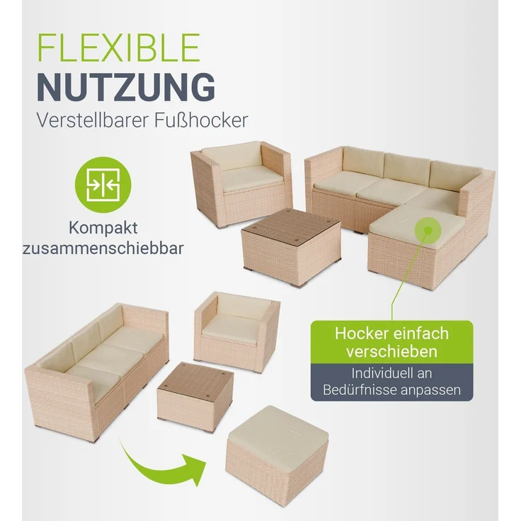 Juskys Polyrattan Lounge Punta Cana L creme inkl. Abdeckung – Gartenlounge für 4-5 Personen – Sitzgruppe mit Sessel, Sofa, Tisch & Hocker - Sitzbezüge sand – Bild 6
