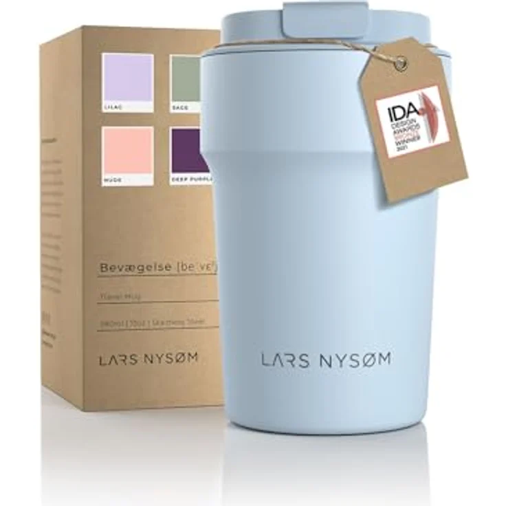 LARS NYSØM Thermo Kaffeebecher to go 380ml | Travel Mug 0,38 Liter mit Vakuumisolierung | Auslaufsicherer Edelstahl Thermobecher für Kaffee und Tee unterwegs | Sky Blue – Bild 1