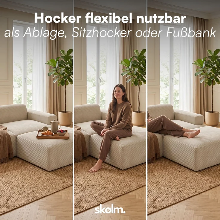 skølm 'Freki' Cloud Sofa 3 Sitzer mit 2x Hocker, Vollschaumcouch mit Federkern und Vakuum-Kompression, kein Aufbau erforderlich, mit 3 Kissen, Cord beige – Bild 6