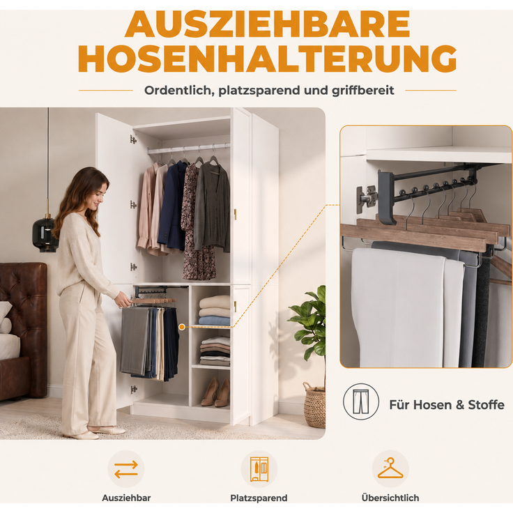 Kleiderschrank mit Kleiderstange & ausziehbarem Hosenhalter, 90x48x200 cm, Weiß – Bild 7