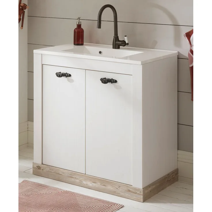 Waschbeckenunterschrank mit Waschbecken Rovola in Pinie weiß Landhaus 80 cm