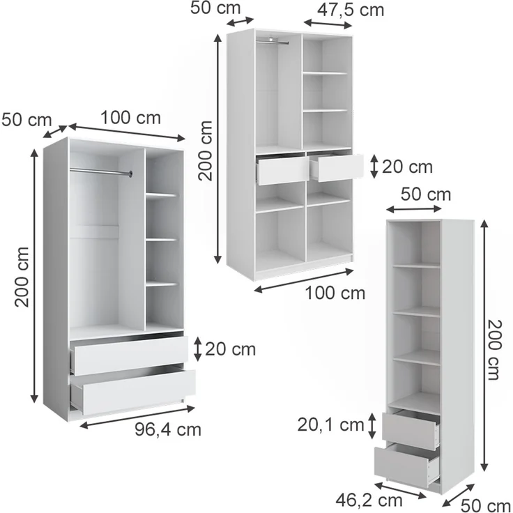 Kleiderschrank Elmo Weiß 100 x 200 cm 3er Set Vicco – Bild 2