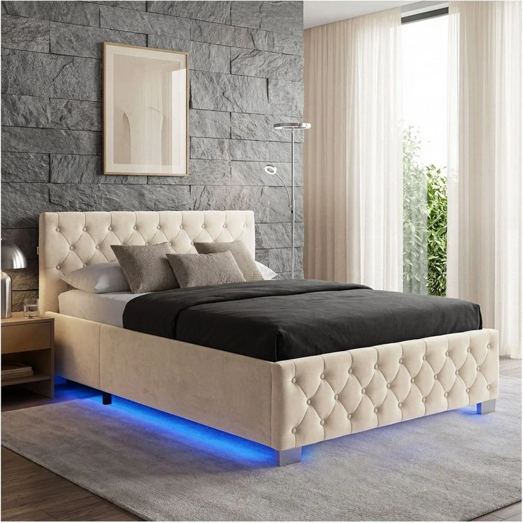 tectake Polsterbett Komfortbett mit LED-Leisten & Stauraum - Samtoptik mit Steppmuster (Bettset, in Samtoptik Sand), stabiler Stahlrahmen, Belastbarkeit 300 kg – Bild 5