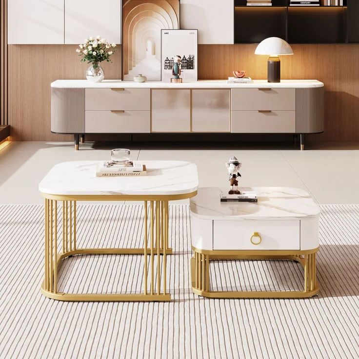 Merax Couchtisch Set Marmoroptik mit Schublade, Beistelltisch hochglanz, Satztisch,Wohnzimmertisch, Gold | Weiß – Bild 2