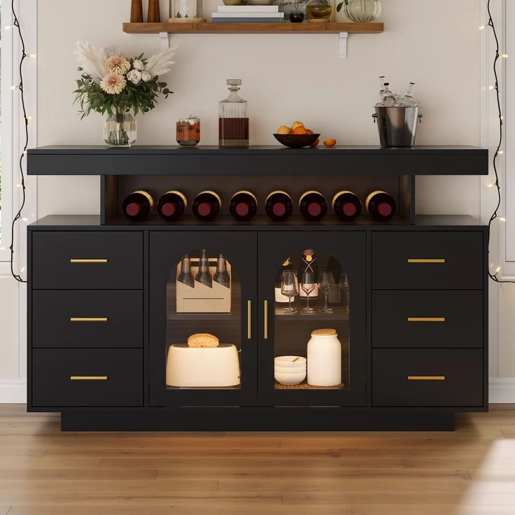 Weinschrank 140 x 40 x 82 cm aus MDF mit 6 Schubladen, Bogenglastüren und RGB-LED-Beleuchtung – Bild 3