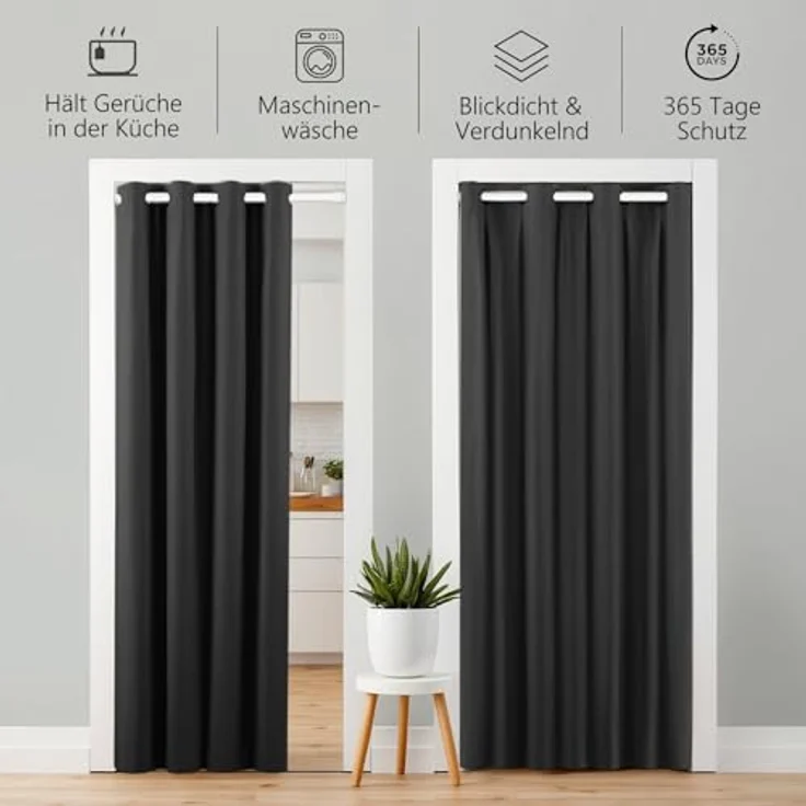tinycurtains Türvorhang für alle gängigen Türgrößen, Thermovorhang (ohne Stange) Türgardine (1 St), Ösen, abdunkelnd, 100% Polyester, Raumteiler blickdicht schwarz Eclipse 210x150cm für Tür & Fenster – Bild 6