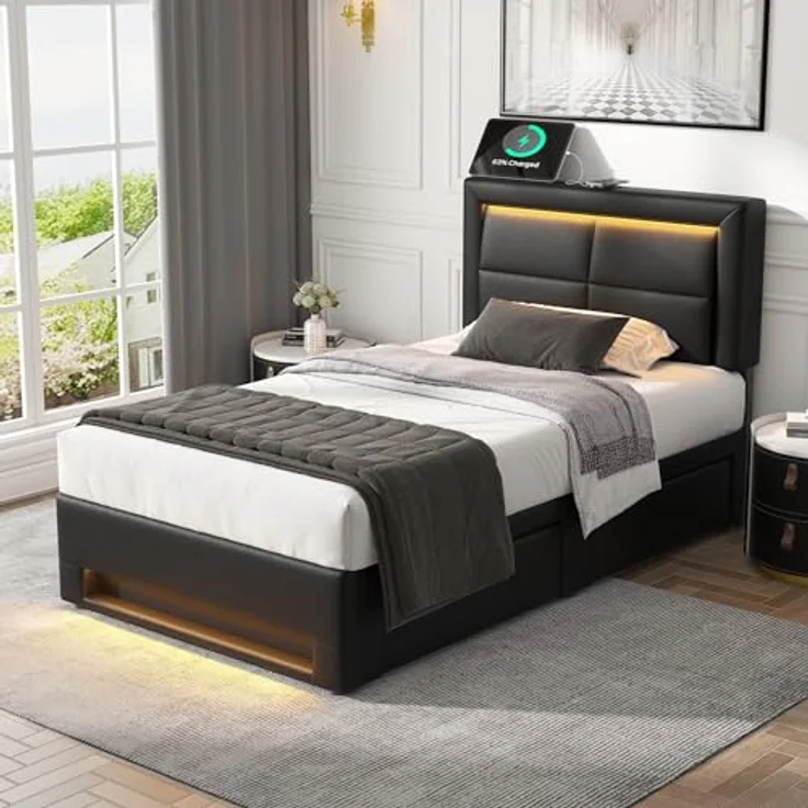 Ball & Cast Jugendbett (90x190 cm) mit 4 Schubladen, Stauraumbett mit Beleuchtung, USB und kabelloser Ladestation, Polsterbett Einzelbett ohne Matratze, Schwarz – Bild 9