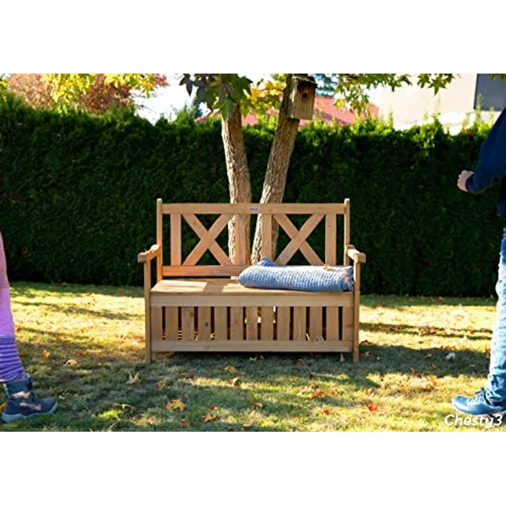 needs&wants Chesty3 Zoll Gartenbank Holz wetterfest, 2-Sitzer Truhenbank mit Stauraum, Dunkelbraun, Massivholz mit Abdeckung – Bild 9