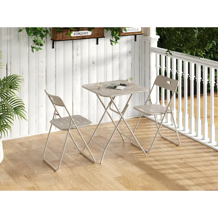 LVHOM Bistroset 3-tlg, Gartenmöbel-Set mit klappbaren Stühlen und Tisch, Balkonmöbel Set aus Stahl, wetterfeste Sitzgruppe, Beige – Bild 2