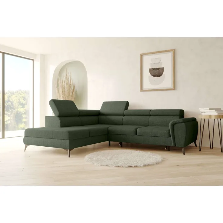 99rooms Parma Ecksofa Velours VOGUE Wintermoos Links mit Schlaffunktion und Stauraum