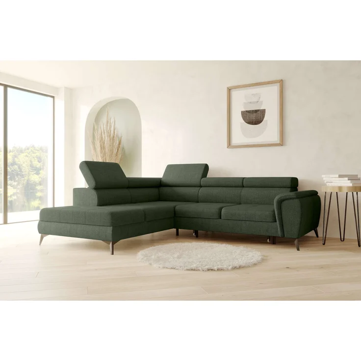 99rooms Parma Ecksofa Velours VOGUE Wintermoos Links mit Schlaffunktion und Stauraum
