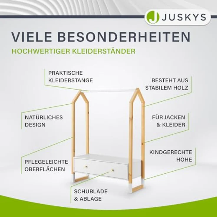 Juskys Kinder Kleiderständer Filla - große Schublade, Kleiderstange, offener Ständer - Kindergarderobe aus Holz - Mädchen & Jungs - Garderobe Weiß – Bild 8